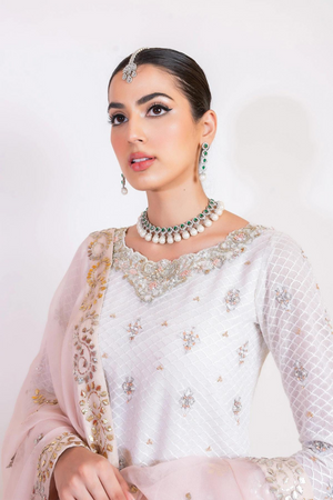 CLASSIC PEARL WHITE AND PEACH GHARARA SET & MUKESH DUPPATA 