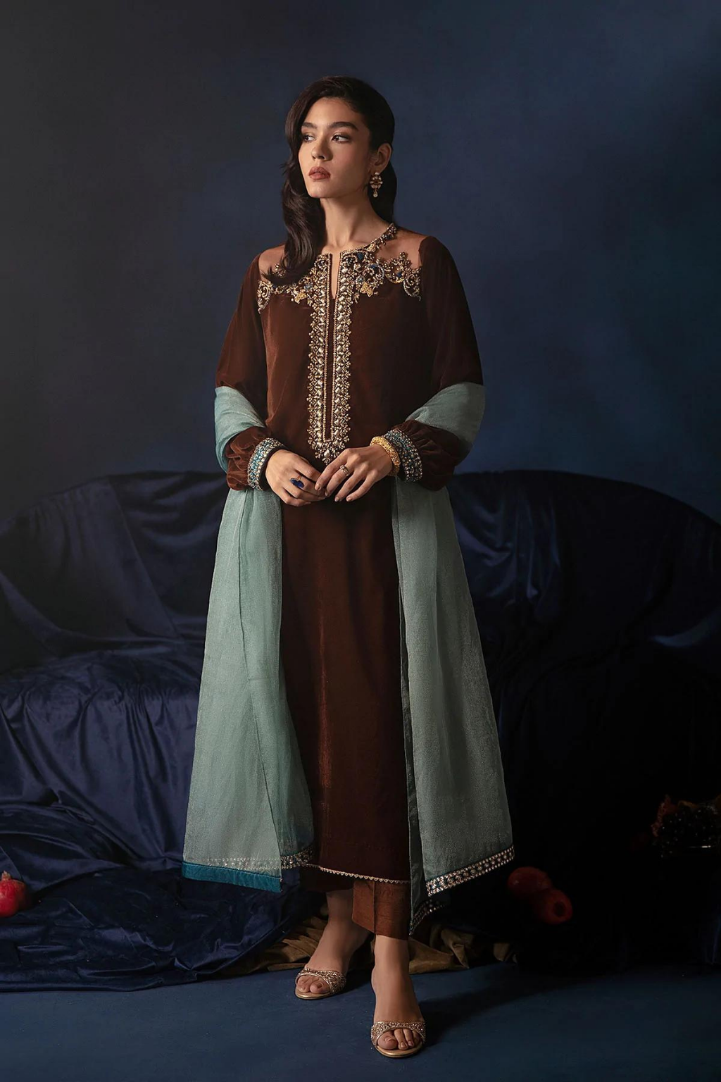 BROWN VELVET LONG SHIRT SET (D-01)