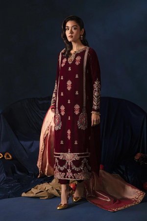 MAROON VELVET AND TISSUE SET  Velvet Shirt with Zari Net Dupatta