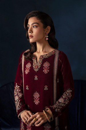 MAROON VELVET AND TISSUE SET  Velvet Shirt with Zari Net Dupatta