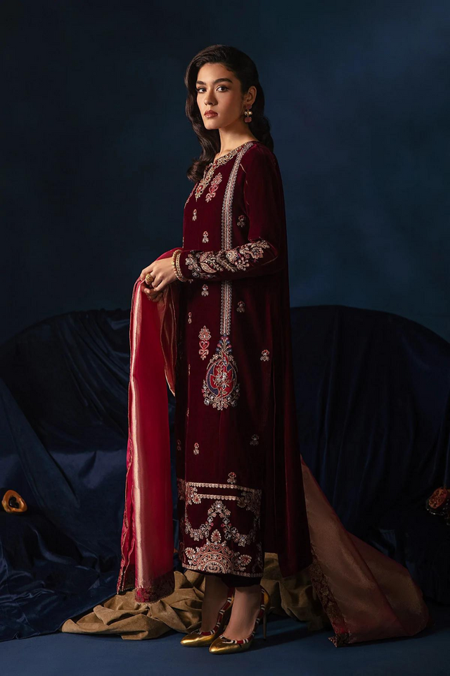 MAROON VELVET AND TISSUE SET  Velvet Shirt with Zari Net Dupatta