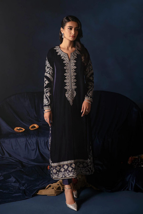 NAVY VELVET SET Effortless Navy Blue Shirt with Silver Tila Embroidery