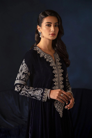 NAVY VELVET SET Effortless Navy Blue Shirt with Silver Tila Embroidery