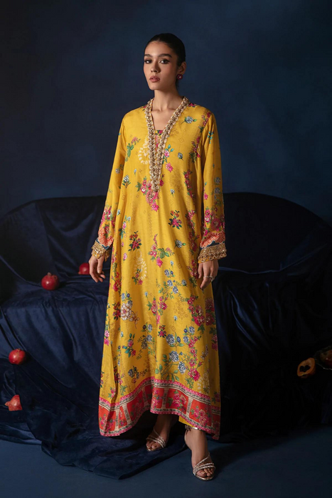 PRINTED KAFTAN SHIRT Romantic Yellow Raw Silk Kaftan with Silky Pants