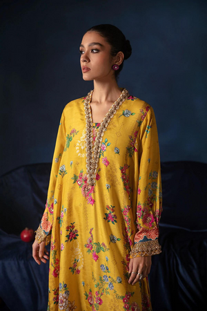 PRINTED KAFTAN SHIRT Romantic Yellow Raw Silk Kaftan with Silky Pants