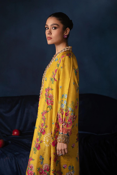 PRINTED KAFTAN SHIRT Romantic Yellow Raw Silk Kaftan with Silky Pants