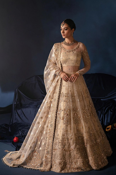 NIKKAH BRIDAL Luxurious Ivory Kalidar Peshwas with Zari Net Lehnga