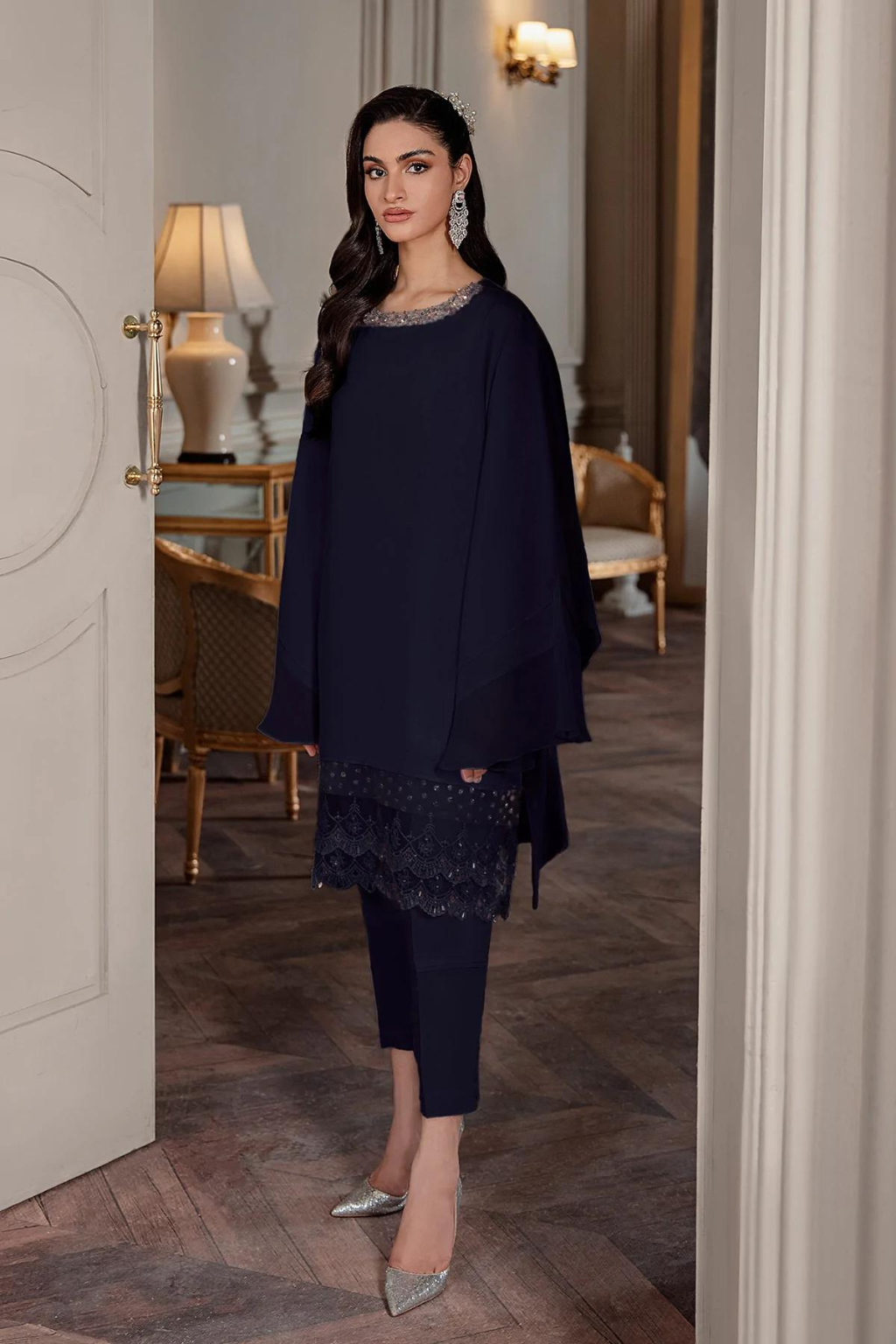 Statement Sleeves Silk Navy Elegance Set by Ammara Khan Viola