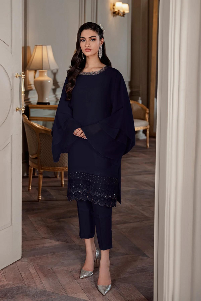 Statement Sleeves Silk Navy Elegance Set by Ammara Khan Viola