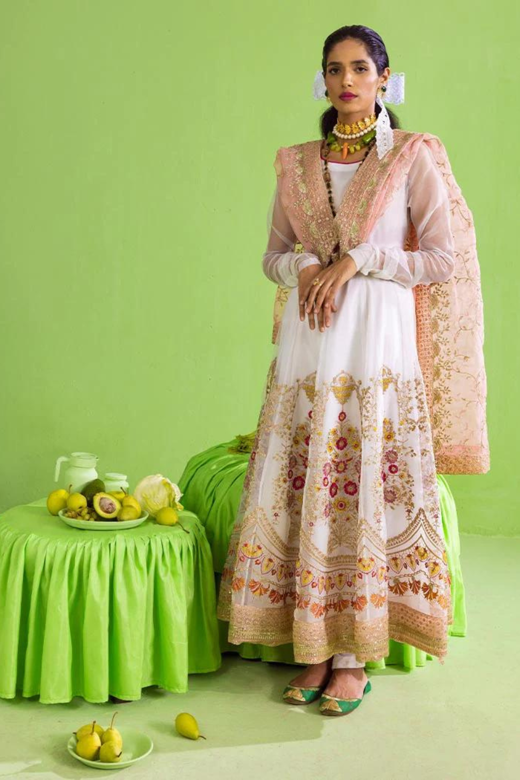 MOTIYA White & Pink pishwas and chooridar set Luxury Pret 