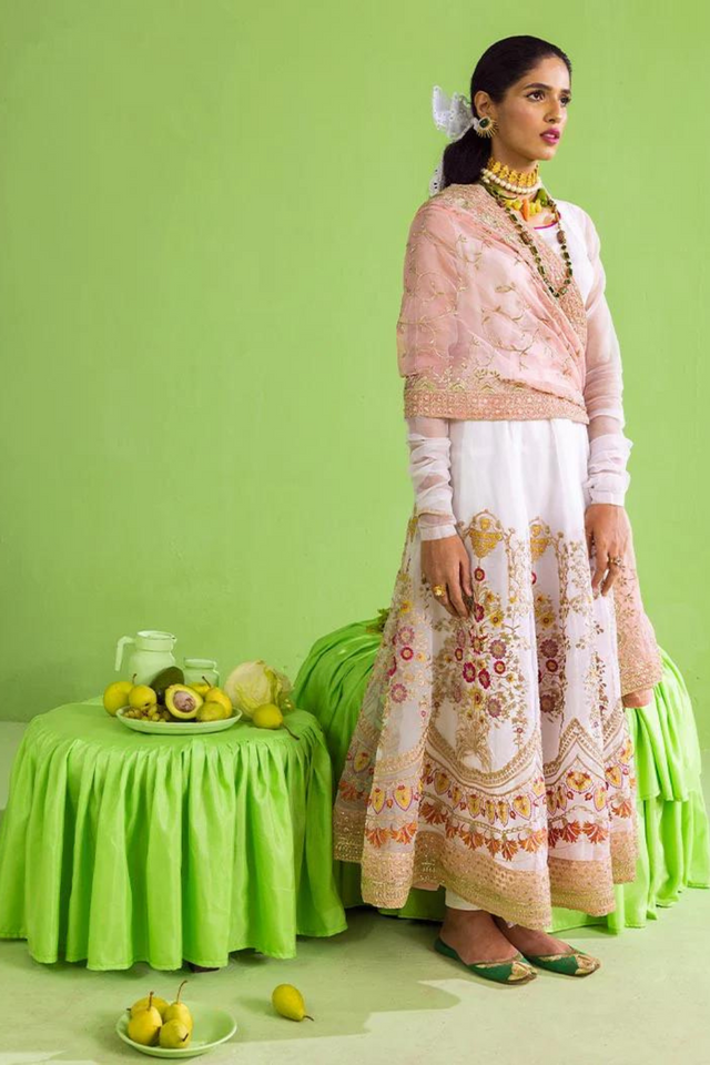 MOTIYA White & Pink pishwas and chooridar set Luxury Pret 