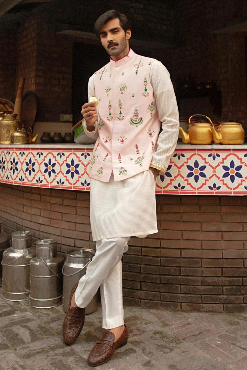 SEFARISH Pink Cotton Net Waistcoat Set | ALI XEESHAN