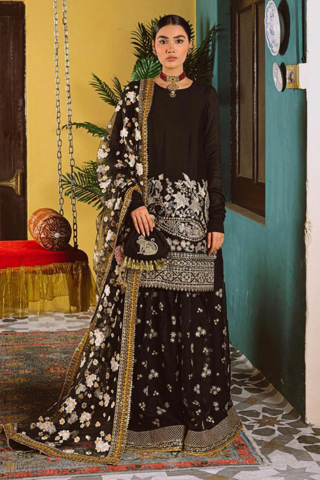 RAAT Black Cotton Net Gharara Set | ALI XEESHAN