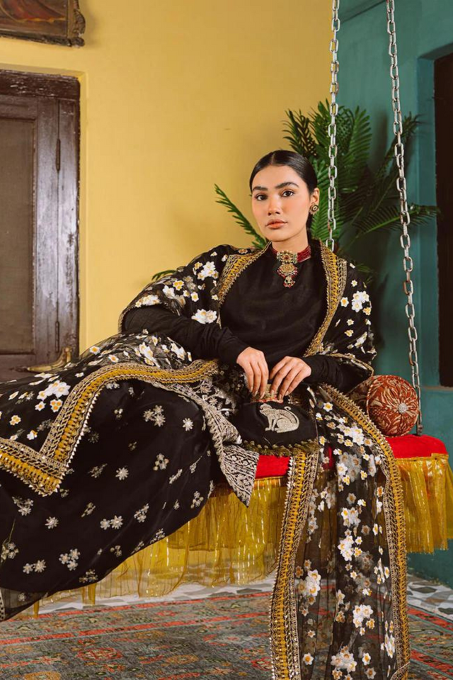 RAAT Black Cotton Net Gharara Set | ALI XEESHAN