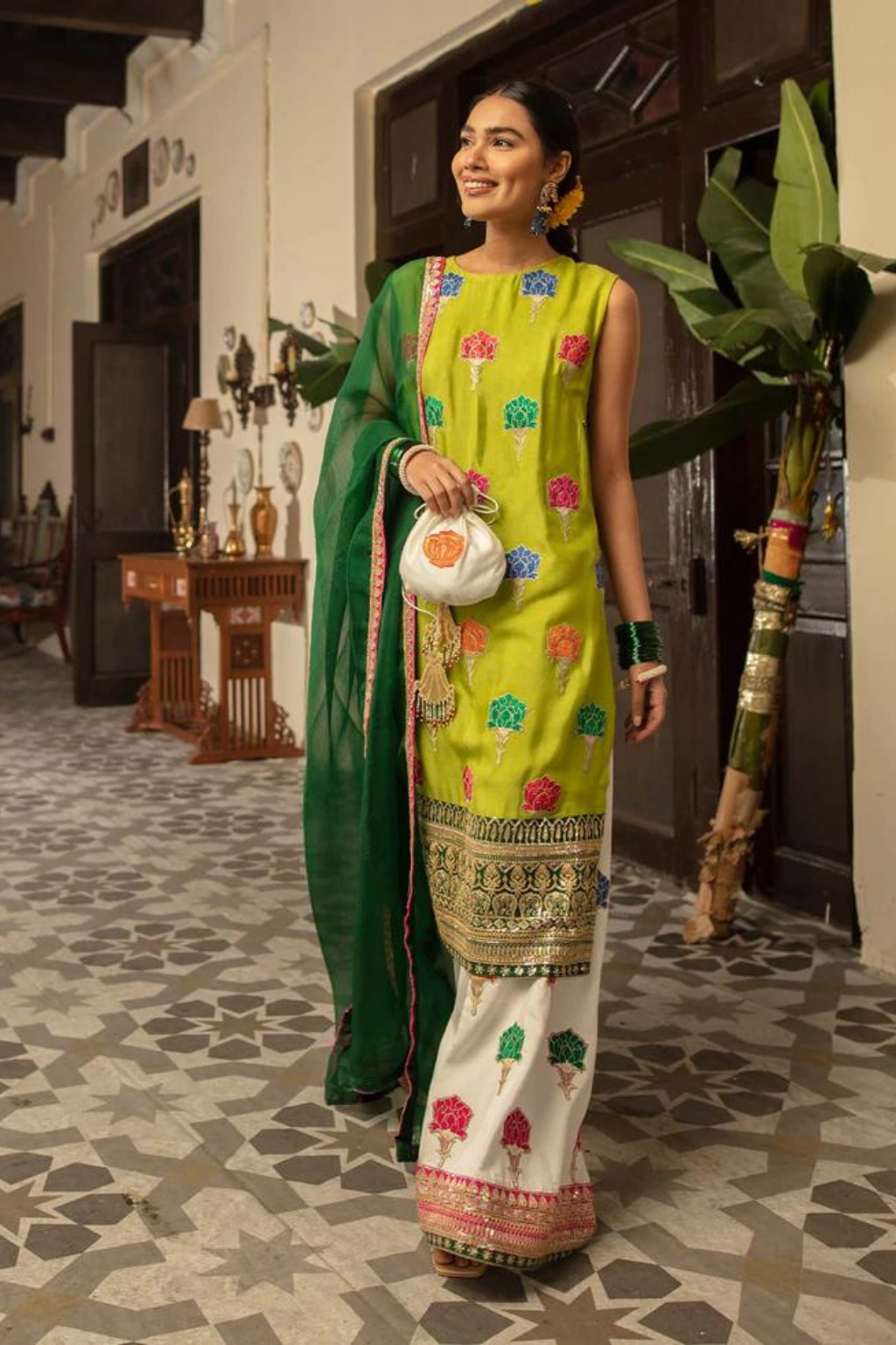 SABZ TOOTA Acid Green Shirt & White Culottes from  ALI XEESHAN