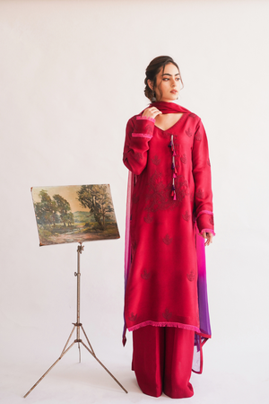 Elegant Ayanna Crimson Raw Silk Ensemble | CARMIN