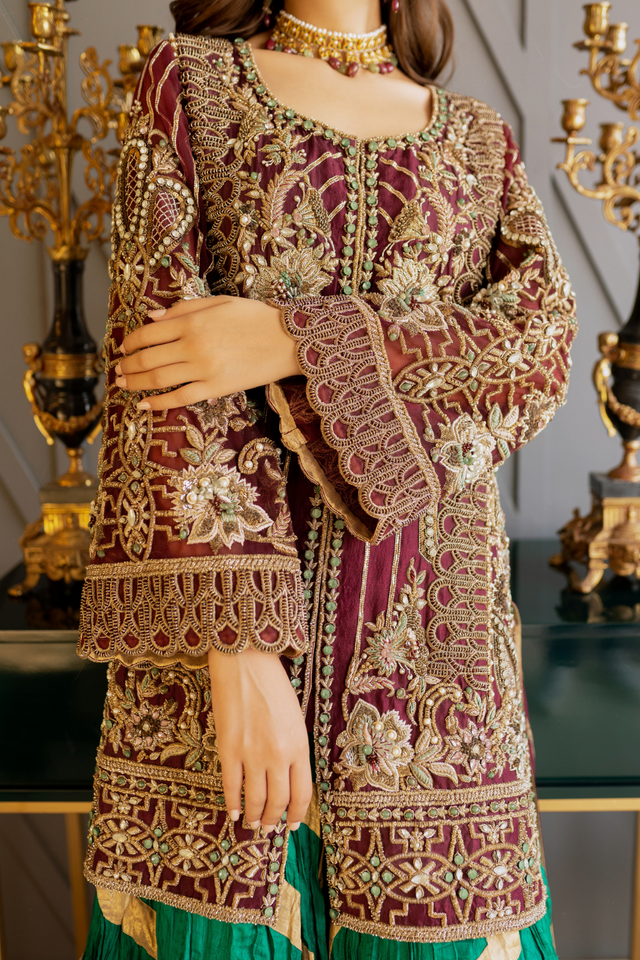 Elegant Maroon & Emerald Bridal Ensemble | CARMIN