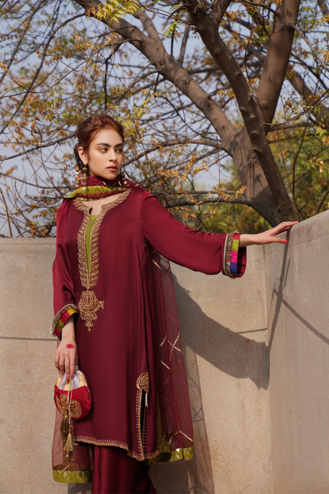 Elegant Maroon Festive Shahnaz Ensemble | CARMIN