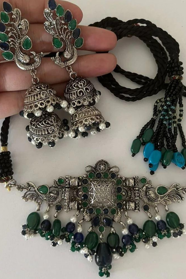 ANTIQUE SILVER PEACOCK CHOKER & JHUMKA SET 2