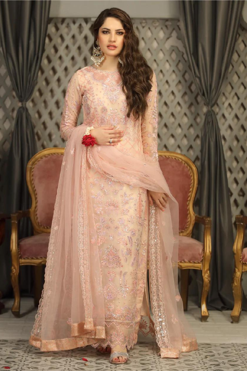 LUNA - Soft Coral Embroidered Ensemble by Daud Abbas Elain Luxury Pret