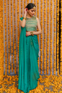 TURQOISE SAREE with embroidery mukesh blouse 
