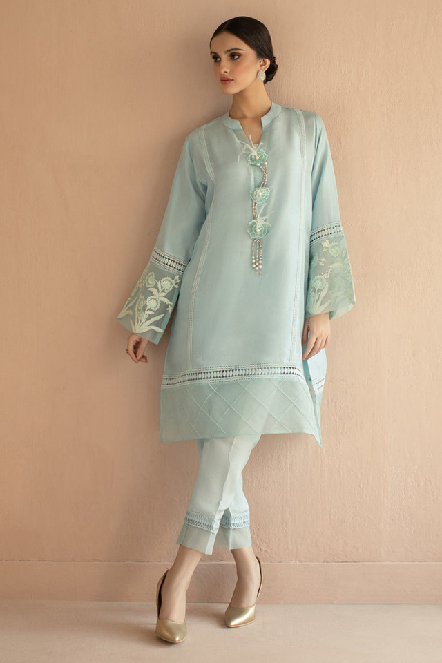 BLUE TUNIC Ensemble  by Deepak Perwani Raw Silk Edit.