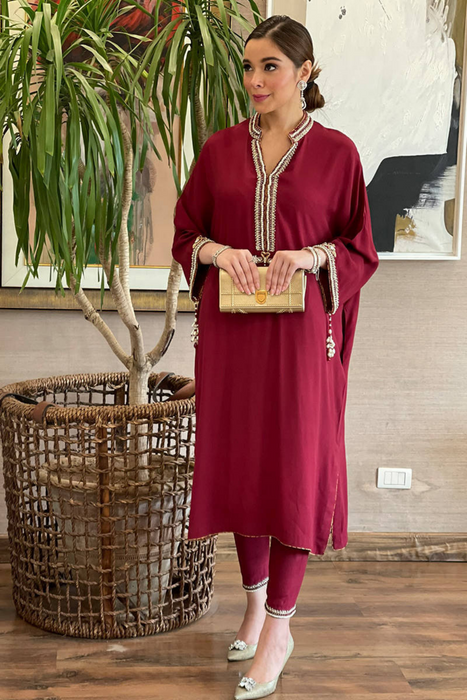 Maroon Crystal Pearl Tunic with Pants | Farida Hasan 'Mid Eid