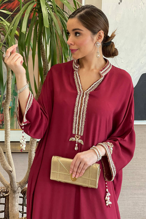 Maroon Crystal Pearl Tunic with Pants | Farida Hasan 'Mid Eid