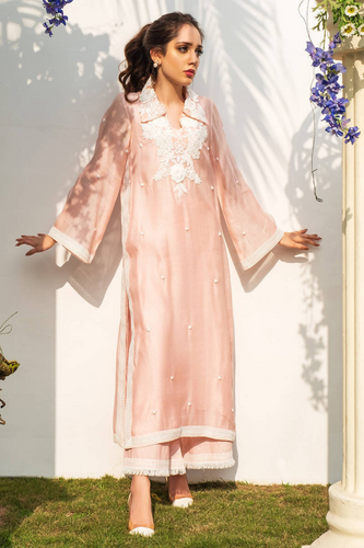 Elegant Pink & White Lace Chicest Silhouette in Soft Khadi 