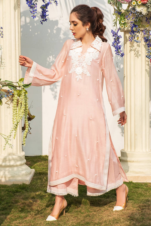 Elegant Pink & White Lace Chicest Silhouette in Soft Khadi 