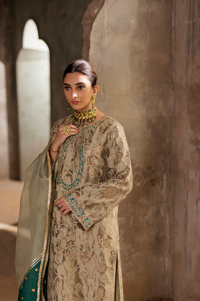 PRISHA Dull Gold Floral Ensemble | Faiza Rehman | Bilal Garment