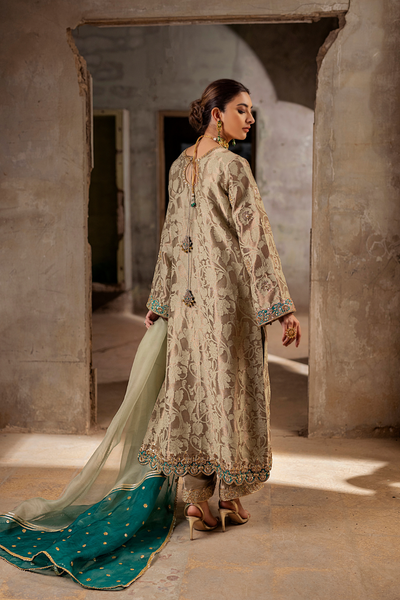 PRISHA Dull Gold Floral Ensemble | Faiza Rehman | Bilal Garment
