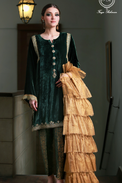 VIRIDESCENT Navy Blue Velvet Shirt | Faiza Rehman | Bilal Garment