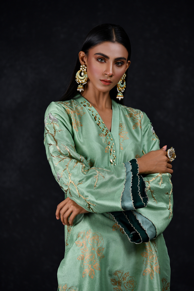 MINT ROSE Raw Silk Mint Green Kurta | Faiza Rehman