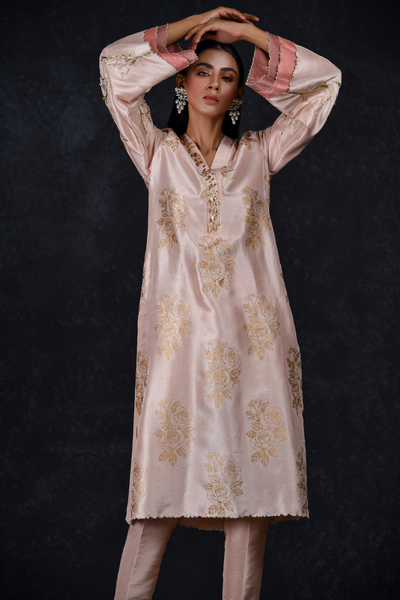 BLUSH ROSE Powder Pink Raw Silk Kurta | Faiza Rehman