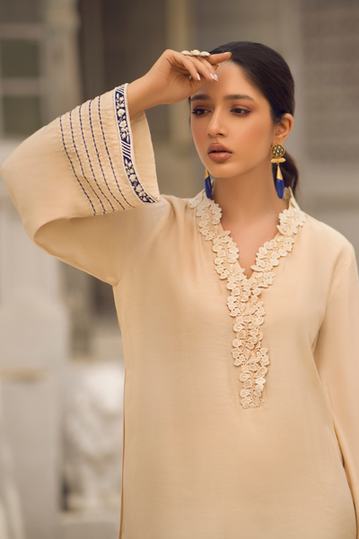 SIENNA Ivory Cotton Silk Shirt with Blue Applique | Faiza Rehman