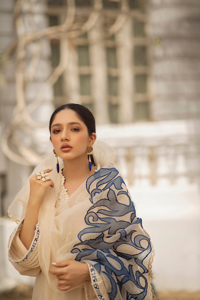SIENNA Ivory Cotton Silk Shirt with Blue Applique | Faiza Rehman