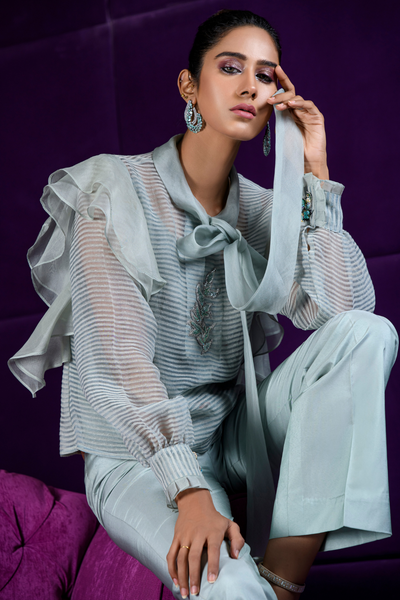 OPHELIA Sea Salt Striped Organza Ensemble | Faiza Rehman