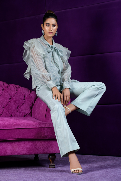 OPHELIA Sea Salt Striped Organza Ensemble | Faiza Rehman