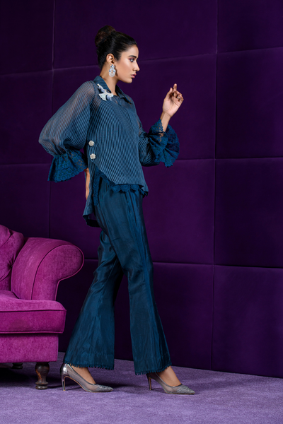 MOIRA Blue Shirt with Zardozi Bird Collar | Faiza Rehman