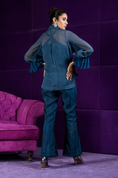 MOIRA Blue Shirt with Zardozi Bird Collar | Faiza Rehman