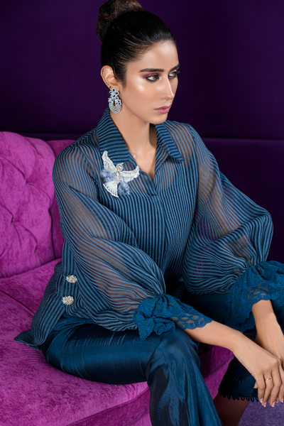 MOIRA Blue Shirt with Zardozi Bird Collar | Faiza Rehman