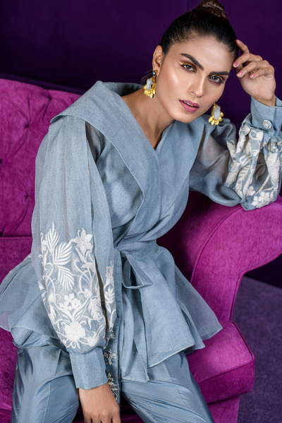 KIARA Trendy Greyish Blue Organza Ensemble | Faiza Rehman