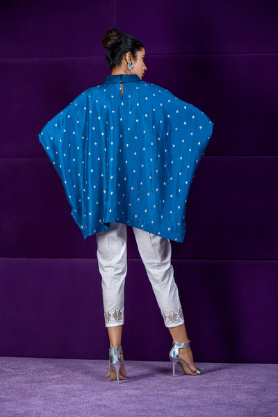 SKYE Teal Blue Handworked Raw Silk Top | Faiza Rehman