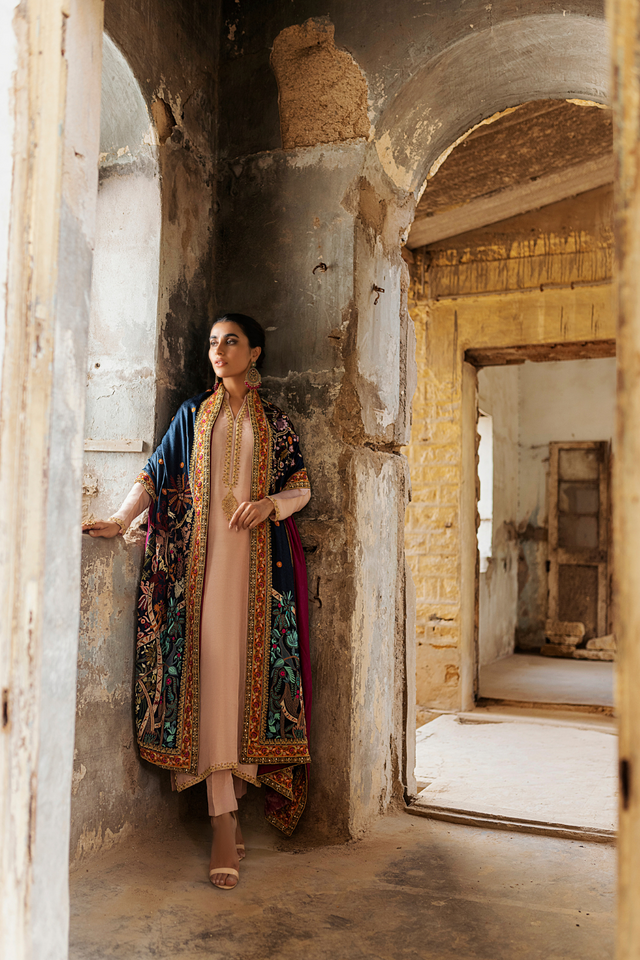 GULBAHAR Midnight Blue Zardozi Silk Shawl & Ivory Heritage Piece