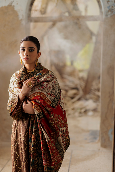 RUBAB Ivory Heritage Shawl & Brown Silk Shirt | Faiza Rehman