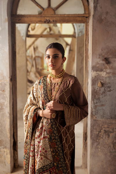 RUBAB Ivory Heritage Shawl & Brown Silk Shirt | Faiza Rehman