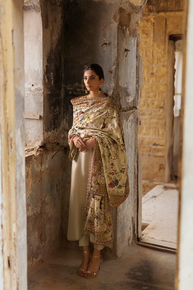 SHIKARGAH Handworked Ivory Silk Shawl with Zardozi | Faiza Rehman