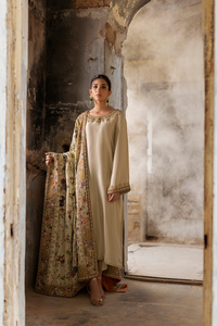 SHIKARGAH Handworked Ivory Silk Shawl with Zardozi | Faiza Rehman