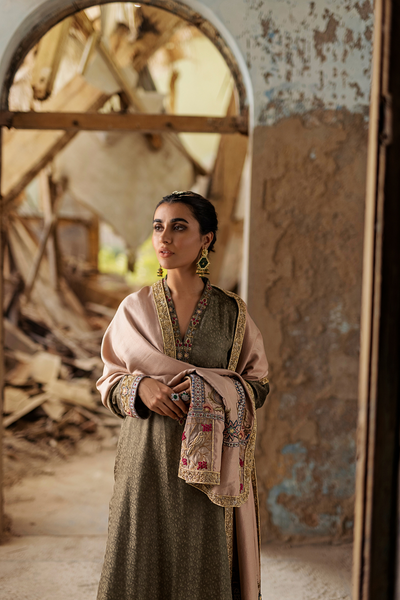 GUIMOHAR Powder-Pink Zardozi Silk Stole & Sage Green Silk Shirt